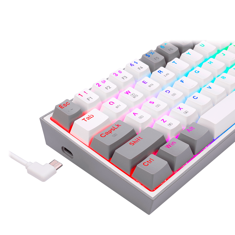 Teclado Mecánico Gaming Redragon FIZZ PRO 60%, Inalámbrico, Gris/Blanco, Switch RED, USB TIPO-C, 2.4Ghz, Bluetooth- K616-RGB