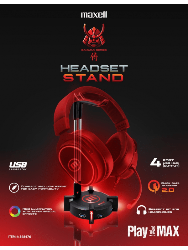 Stand Maxell, para Headset x4 HUB USB 2.0, Iluminacion RGB, Extension 1m, 