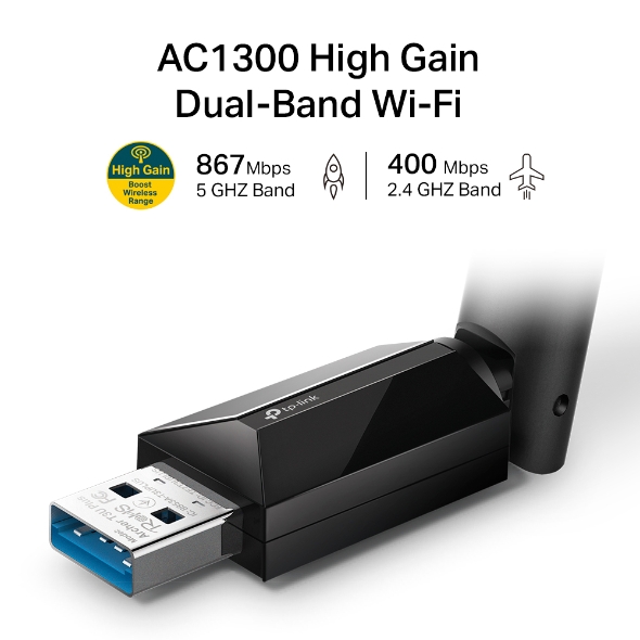Adaptador USB Inalambrico TP-LINK Archer T3U Plus, AC1300, 400 Mbps 5.0 GHz/2.4 GHz, WI-FI5, Doble Banda, Puerto USB 3.0, 0152502323