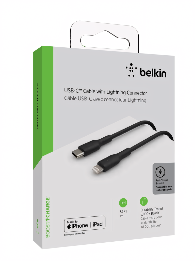 Cable Belkin BoostCharge USB-C a Lightning, 1mts. Black, CAA003bt1MBK