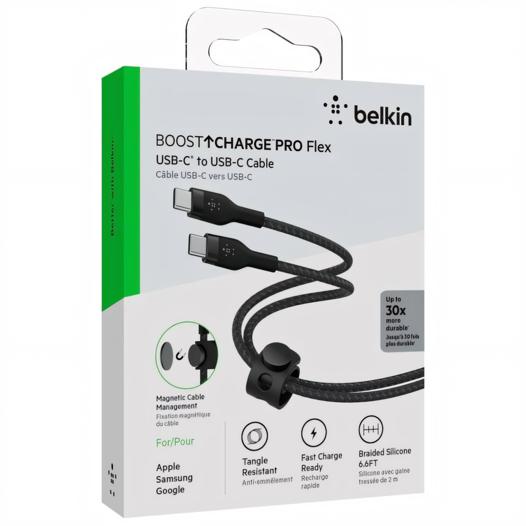 Cable Belkin, Pro Flex USB-C a USB-C, con correa, 2 Metros, Negro, CAB011bt2MBK