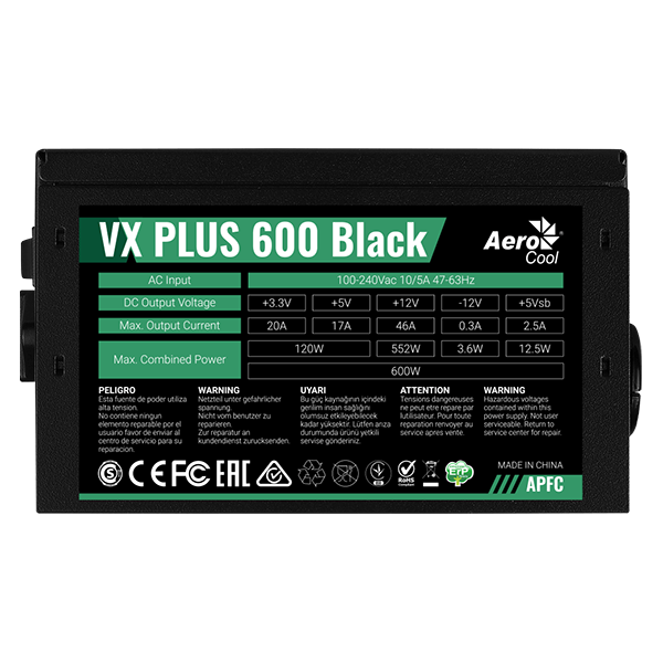 Fuente de Poder Aerocool VX PLUS 600 Black OEM