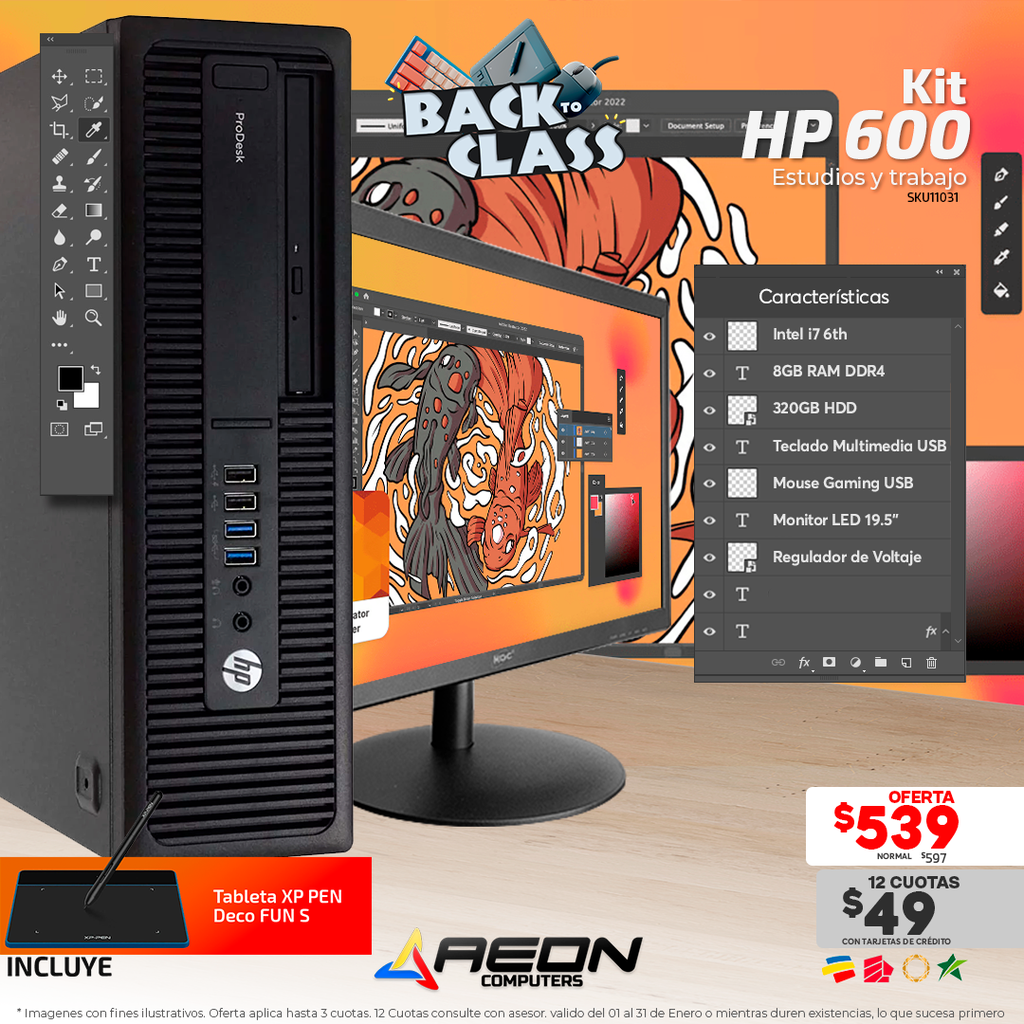Kit HP 600, i7 6th, 8GB DDR4, 320GB HDD, Monitor de 19.5", Teclado y Mouse.