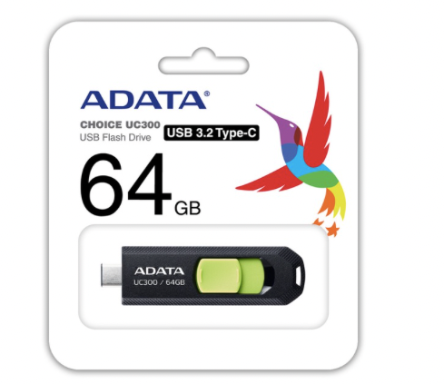 Memoria USB C ADATA 64GB USB3.2 Gen1 Type-C BLACK/GREEN ACHO-UC300-64G- RBK/GN
