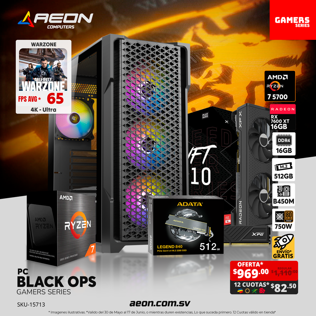 Pc Black Ops Ryzen 7 5700, RX 7600 XT 16GB, DDR4 16GB, M.2 512GB, 750W 80+ Bronze.