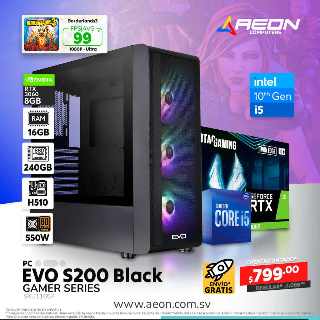 PC EVO GS - S200 Black I5 10400, 16GB DDR4, SSD 240GB, RTX 3060 8GB, 550W 80+