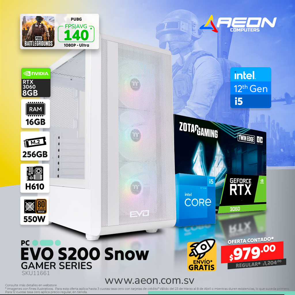 PC EVO GS - S200 SNOW, I5 12400, 16GB DDR4, M.2 256GB, RTX 3060 8GB, 550W 80+