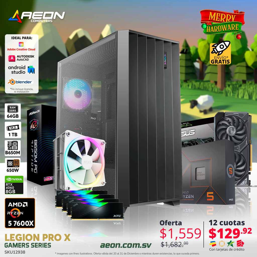 PC LEGION PRO X, Ryzen 5 7600X, 64GB DDR5, M.2 1TB, RTX 4060 8GB, B650M - 650W 80+