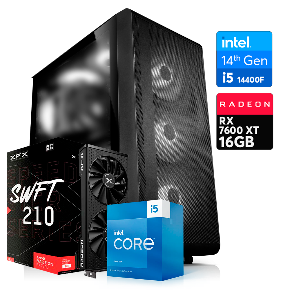 Pc S200 intel i5 14400F, RX 7600 XT 16GB, DDR4 64GB, M.2 1TB, 750W 80+ Bronce