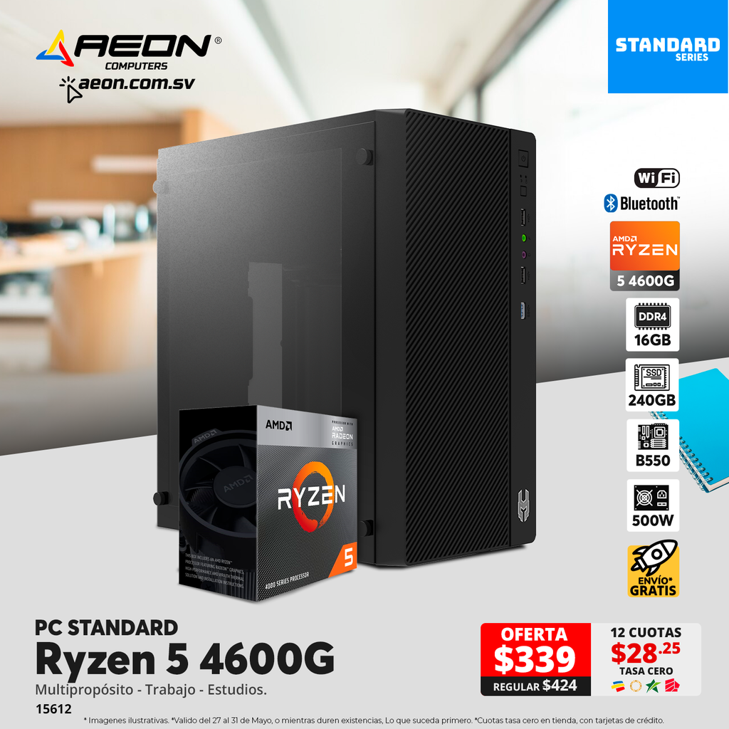 Pc Standard Ryzen 5 4600G, Ram 16GB, SSD 240, 500W, Wifi y Bluetooth.