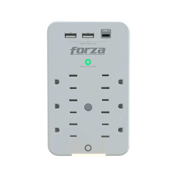 TOMACORRIENTE PROTECTOR FORZA, 6 SALIDAS, X2 USB TIPO A, X1 USB TIPO C, 120V, 490J/1875W, FWT-631USBC, Con luz LED