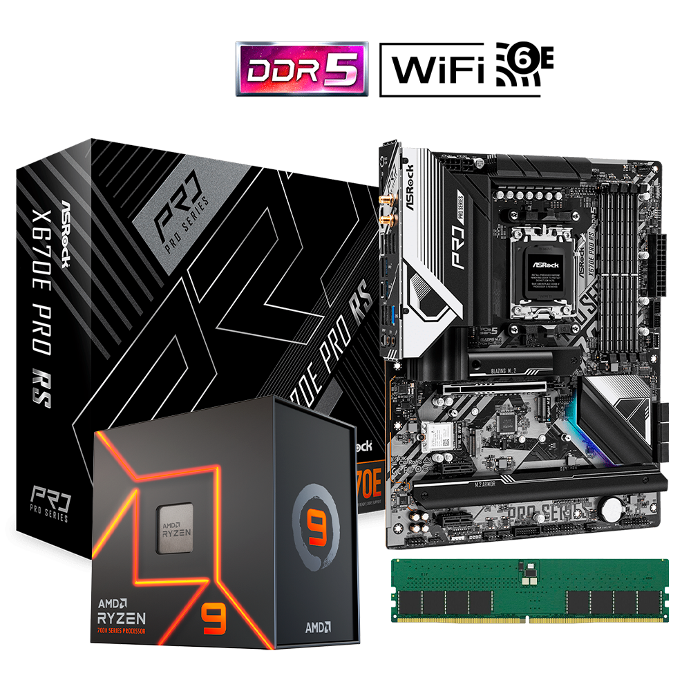 Upgrade Kit Ryzen 9 7900X, Radeon Graphics, Motherboard X670E Pro Wifi y Bluetooth, RAM 32GB DDR5, No Cooler.