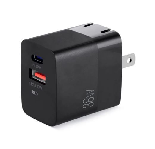 CARGADOR DE PARED ARGOM  BLACK DUAL 38W VOLTA Type-C 20W, USB 18W - ARG-AC-0122BK