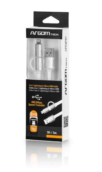 CABLE ARGOM ARG-CB-0058 2 en 1 IPHONE LIGHTNING/MICRO USB 6FT/1M