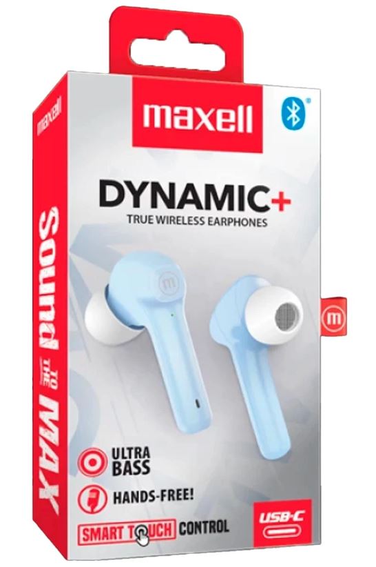Audifonos Bluetooth Maxell,  DYNAMIC + . EB-BTDY+ BT +True Wireles Stereo Earbuds ULTRABASS, AZUL
