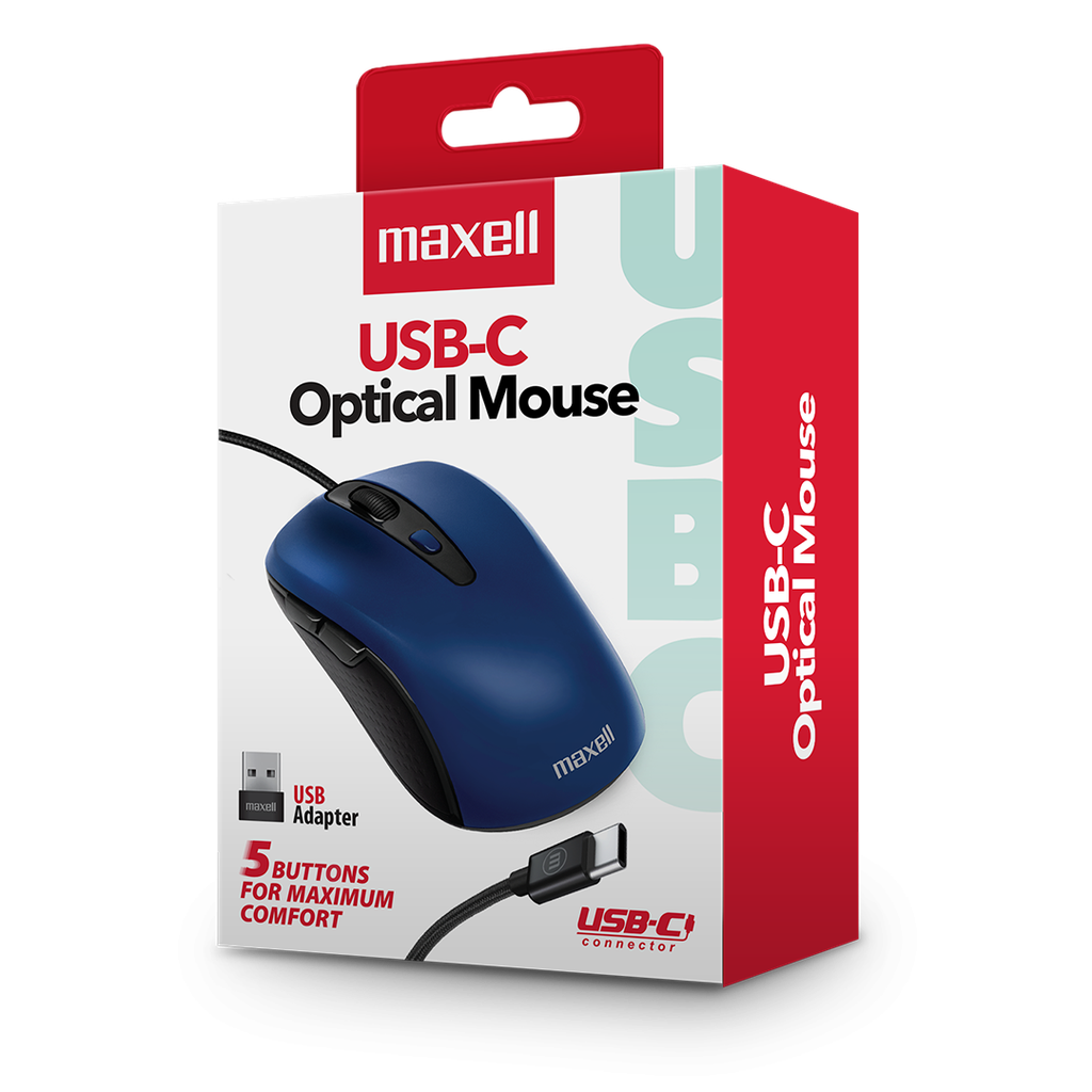 Mouse cableado USB+C con adaptador USB+A,  Maxell, MOWR-105C, 5 botones, 3600dpi,  AZUL  (compatible PC, Tablet, Cel)
