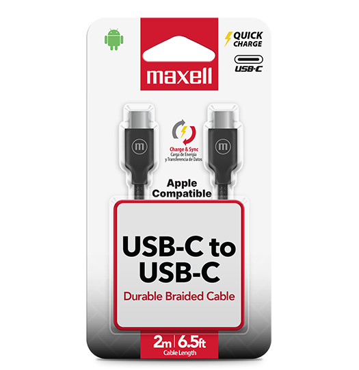 Cable  Usb-C a Usb-C Maxell,  2Mtrs. compatible (PC, Android, Apple), BRCCB-2M Cable forrado color negro  