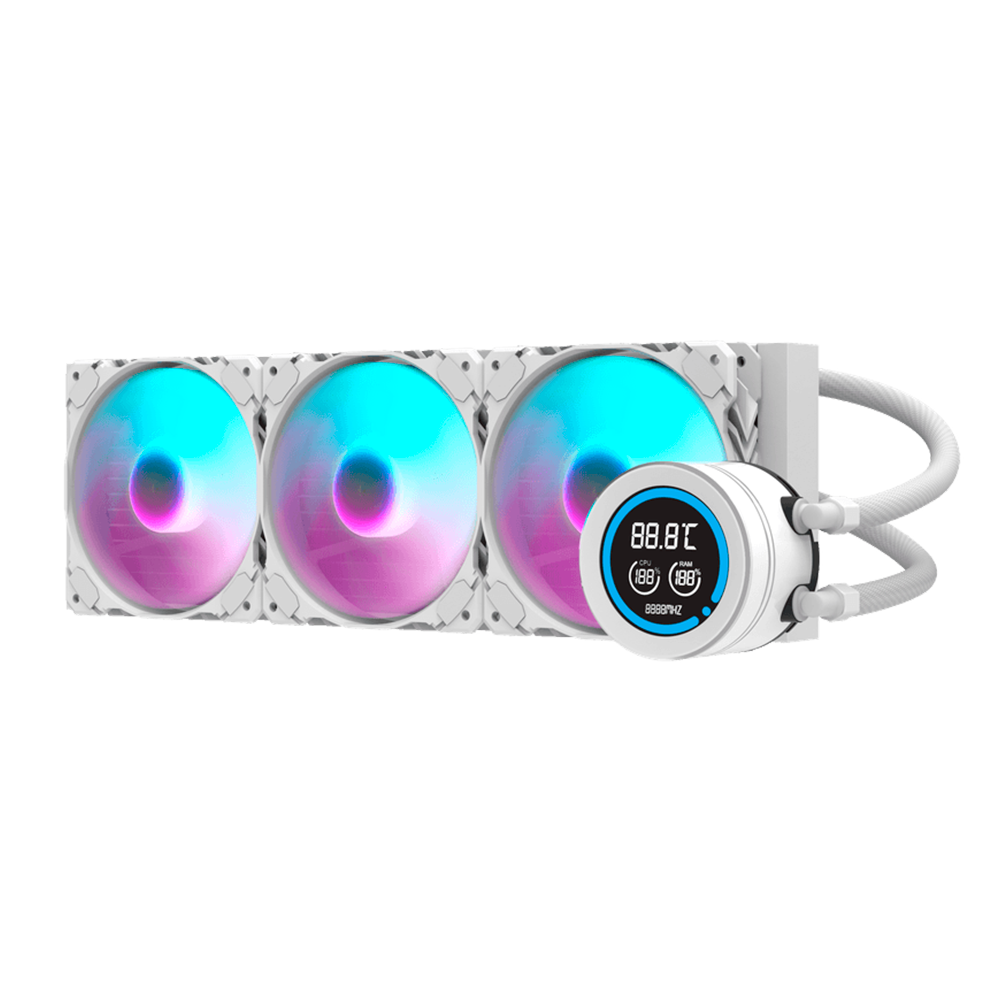 Enfriamiento Liquido Darkflash Nebula DN360D RGB BLANCO -  360mm, 250 TDP,1 inch LCD Digital display screen  Control via Software, 3-stage bomba de agua, Intel, AMD, compatible con: Aura, Mystic, Fusion, Polychrome