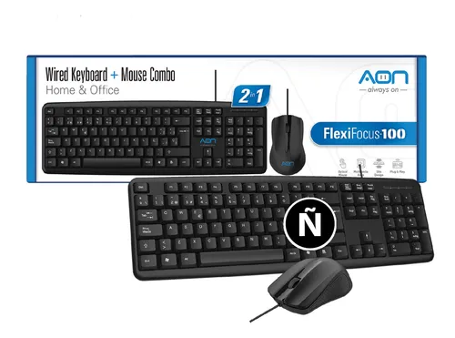 Combo Teclado y Mouse, Ergonomico AON, Español,12 Teclas Multimedia, Conexion USB, FlexiFocus-100 AO-KB-1000