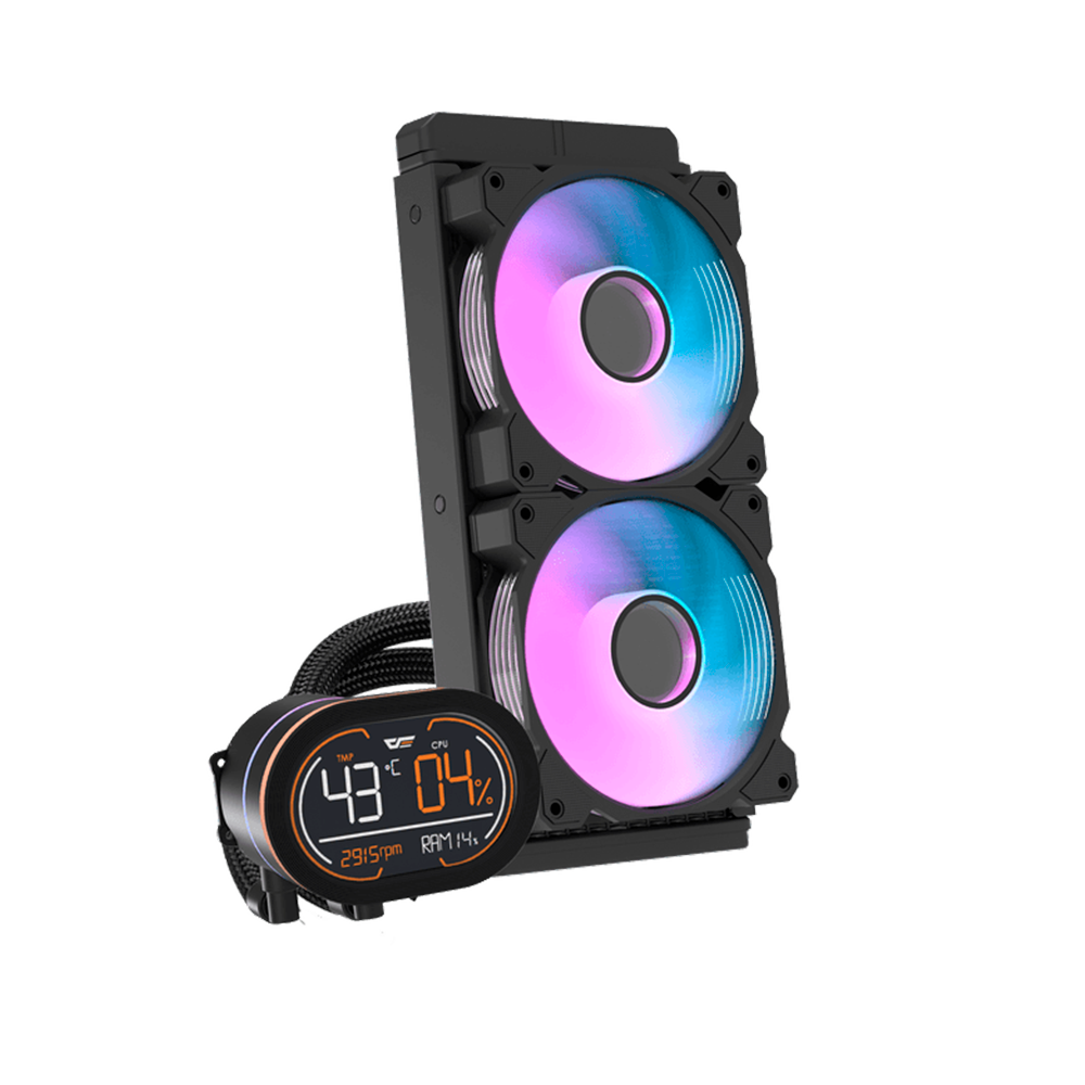 Enfriamiento Liquido Darkflash DH240D RGB NEGRO TDP 200-  240mm,  LCD Digital display SEGMENTADA, Control via Software, 3-stage bomba de agua, Intel, AMD, compatible con: Aura, Mystic, Fusion, Polychrome