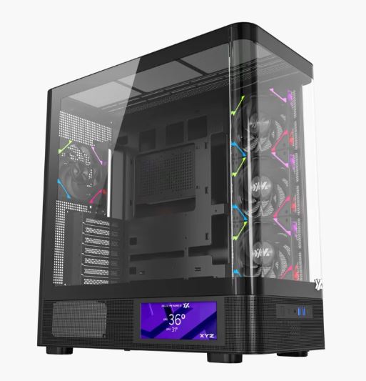 Case XYZ QUANTUM PRO, Negro. 6.2" Smart Display, Compatible  ATX, Micro-ATX, and Mini-ITX , Graficas hasta 400 mm, and CPU coolers180 mm. Incluye 4 XYZ Vortex A-RGB fans con Inversion
