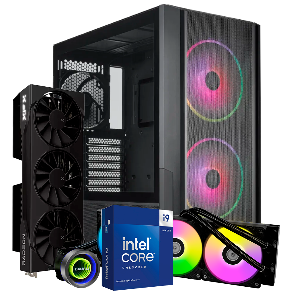 Pc 216R Intel i9 14900KF, RX 9070 XT 16GB, RAM 64GB DDR4, SSD M.2 512GB, Enfriamiento 360MM GA II TRINITY, PSU 850W 80+