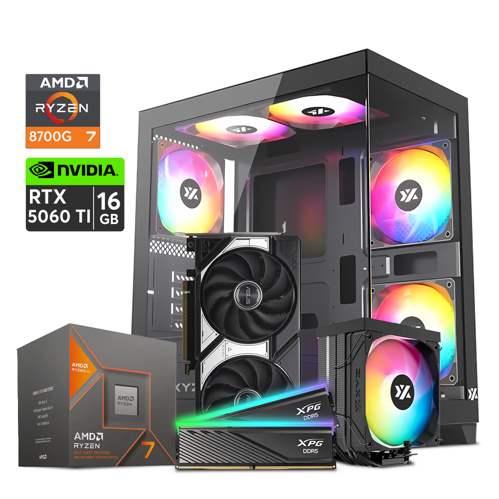 Computadora Gaming Mini FishBowl Rush | Ryzen 7 8600G / Thermax 6 Pulsar / B650M / RTX 5060 TI 16GB / 32GB DDR5 / 1TB M.2 / 650W 80+  | GRATIS Mouse