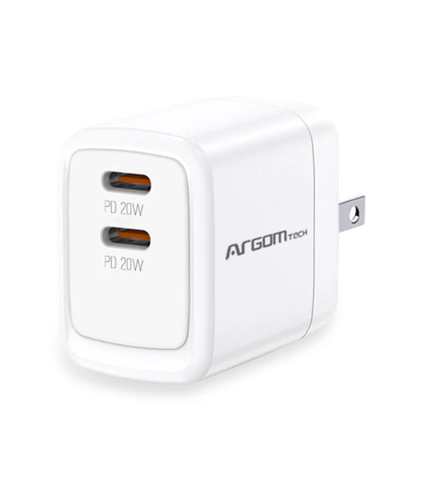 CARGADOR USB DE PARED ARGOM DUAL, 40W, CARGA RAPIDA, TECNOLOGIA PD PUERTO TIPO-C Y USB P/CELULARES, MP3 , CAMARAS Y IPAD. ARG-AC- 0132WT