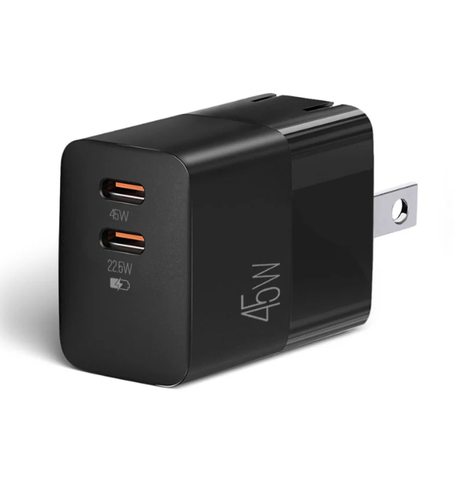 CARGADOR USB-C DE PARED ARGOM, 45W, CARGA RAPIDA, TECNOLOGIA P5, 2 PUERTO TIPO-C P/CELULARES, MP3 , CAMARAS Y IPAD (ARG-AC- 0134BK)