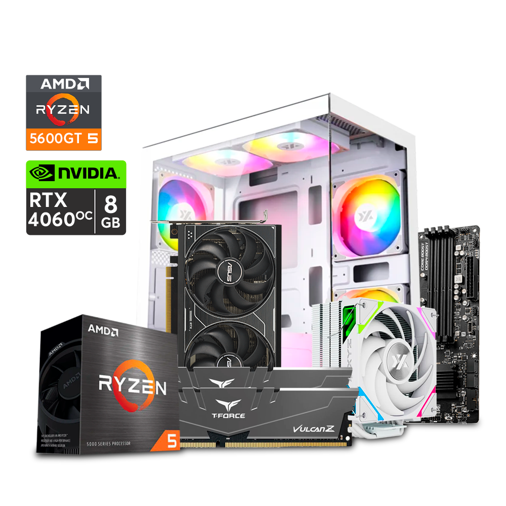 PC Gaming Glass Top - Ryzen 5 5600GT, B550M, RTX 4060 OC 8GB, 32GB RAM, 1TB M.2, THERMAX 6 BLANCO, 600W 80+