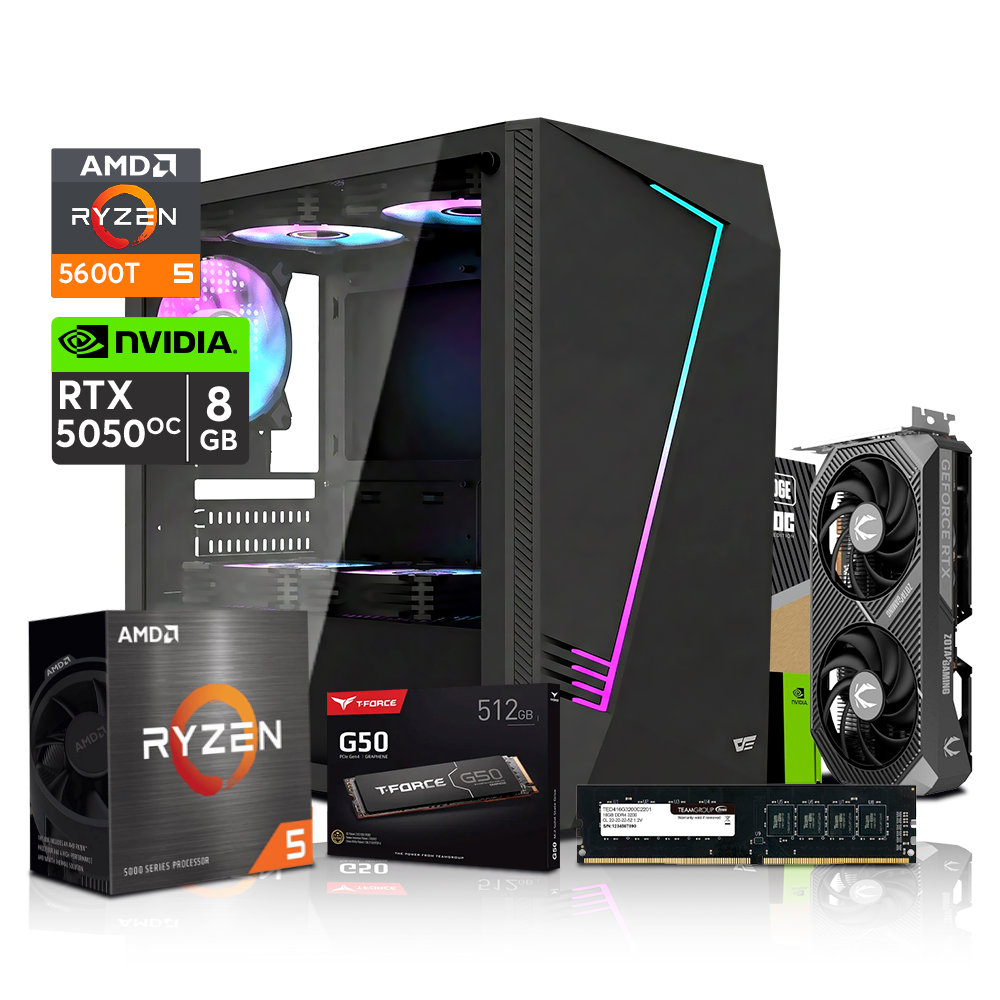 PC Gaming 390DF, Ryzen 5 5600T, 16GB DDR4, RTX 5050 8GB Zotac Twin, SSD M.2 500GB TeamGroup, AM5 A520, PSU 800W