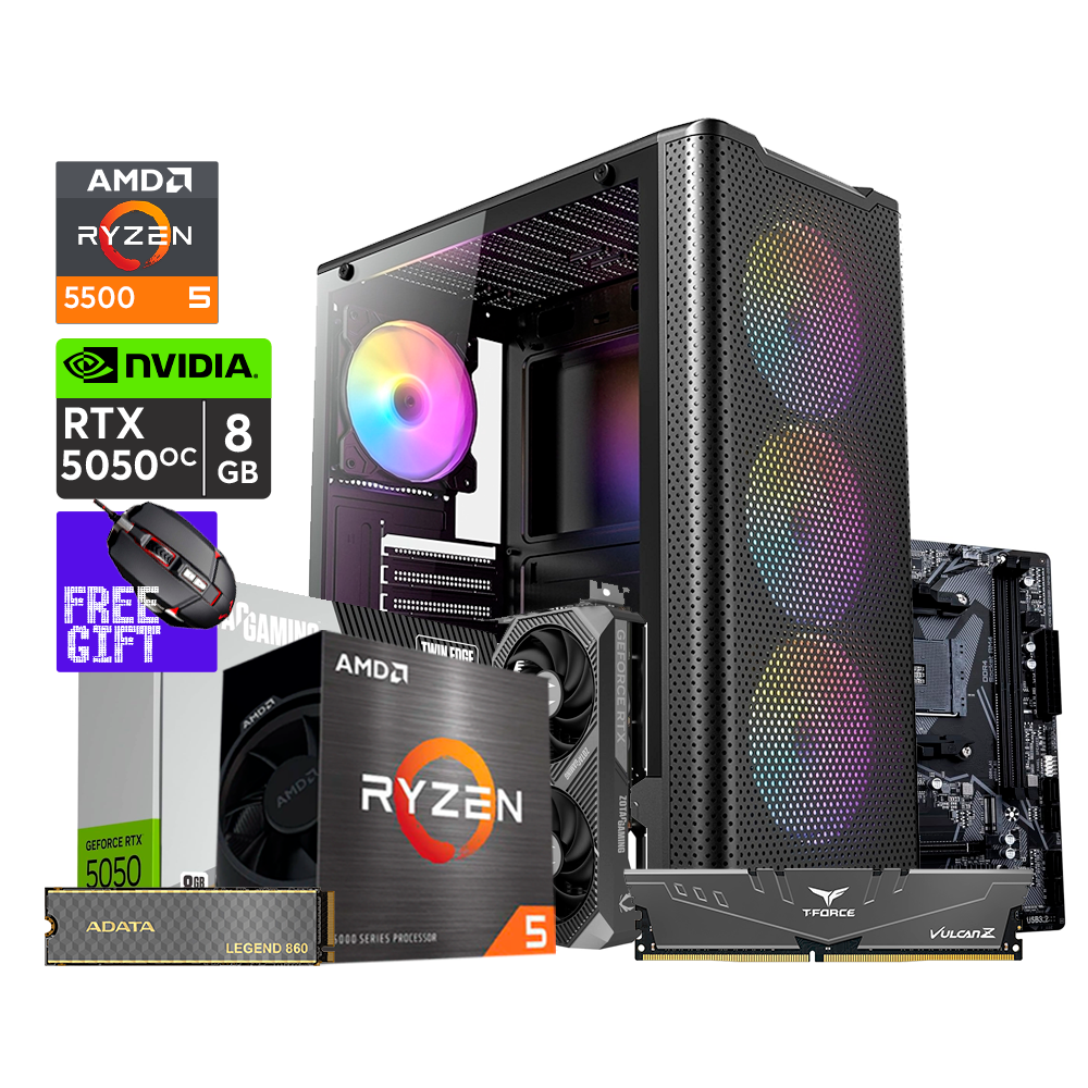 PC Gaming VXNow, Ryzen 5 5500, A520M-K, 16GB DDR4 Vulcan, Zotac RTX 5050 8GB OC, M.2 860 500GB, PSU 500W 80+, Antec VX310