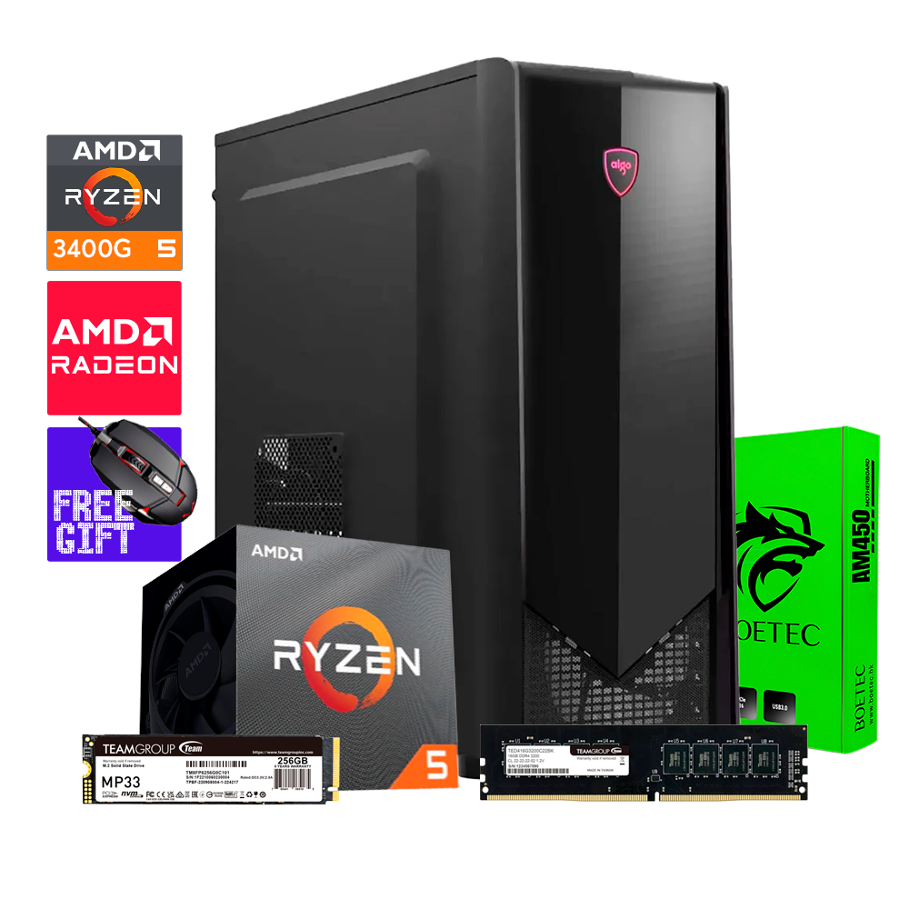 PC Potato Tuki Tuki, Ryzen 5 3400G, Gráficos Vega, B450M, 16GB DDR4, SSD M.2 256GB, AigoB352