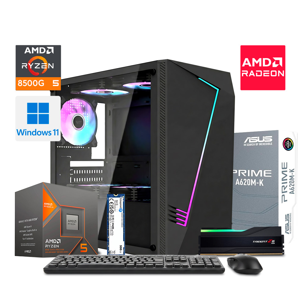 PC Gaming 8000S, Ryzen 5 8500G, A620M-K, 16GB DDR5 Trident Z5 RGB, NV3 500GB M.2, Case AL390, PSU 800W, Teclado y Mouse Wireless, Windows 11 Pro