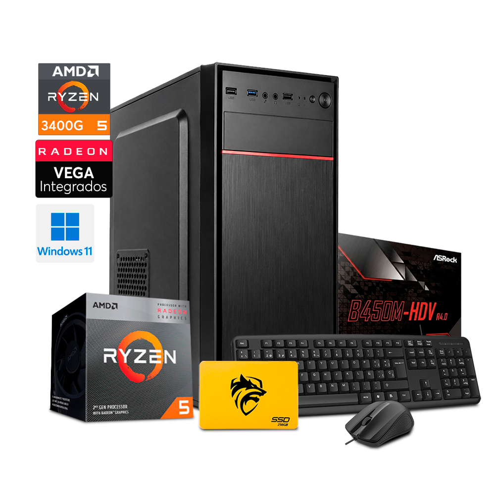 PC Standard - G Ryzen 5 3400G - 8GB RAM - 256GB SSD - Case basic con Fuente AON  - WIN 11 PRO + Teclado y Mouse